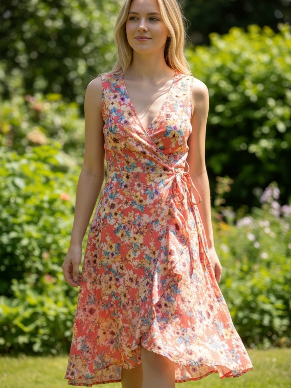 Emma & Michele Coral Floral Wrap Midi Dress with Tie Waist